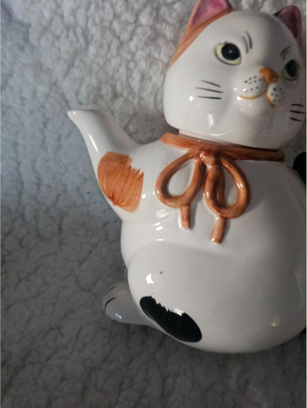 Vintage Chubby Cat Tea Pot 7" Porcelain Ceramic Multicolor 2pc Thailand Decor - Picture 2 of 16